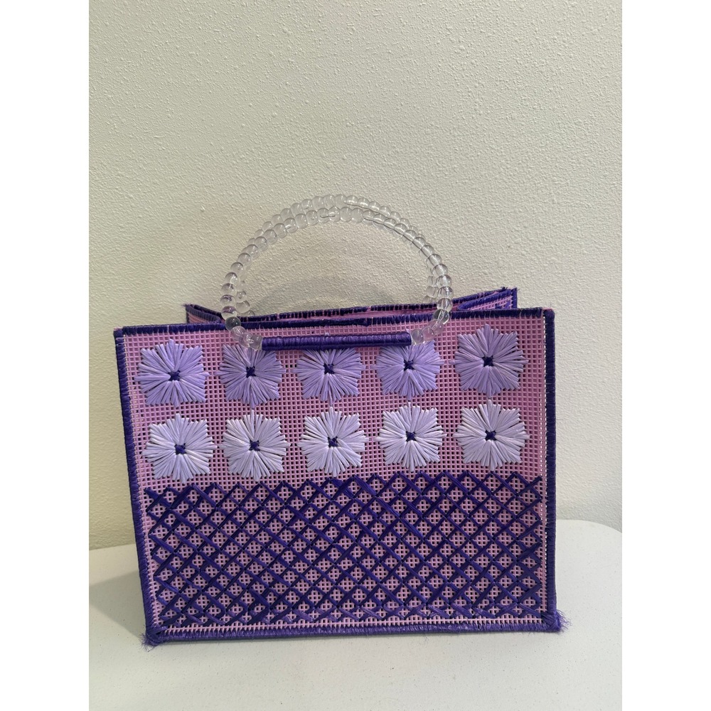 Handmade Purple Needlepoint Plastic Canvas Floral Tote Bag Clear Beaded Handle